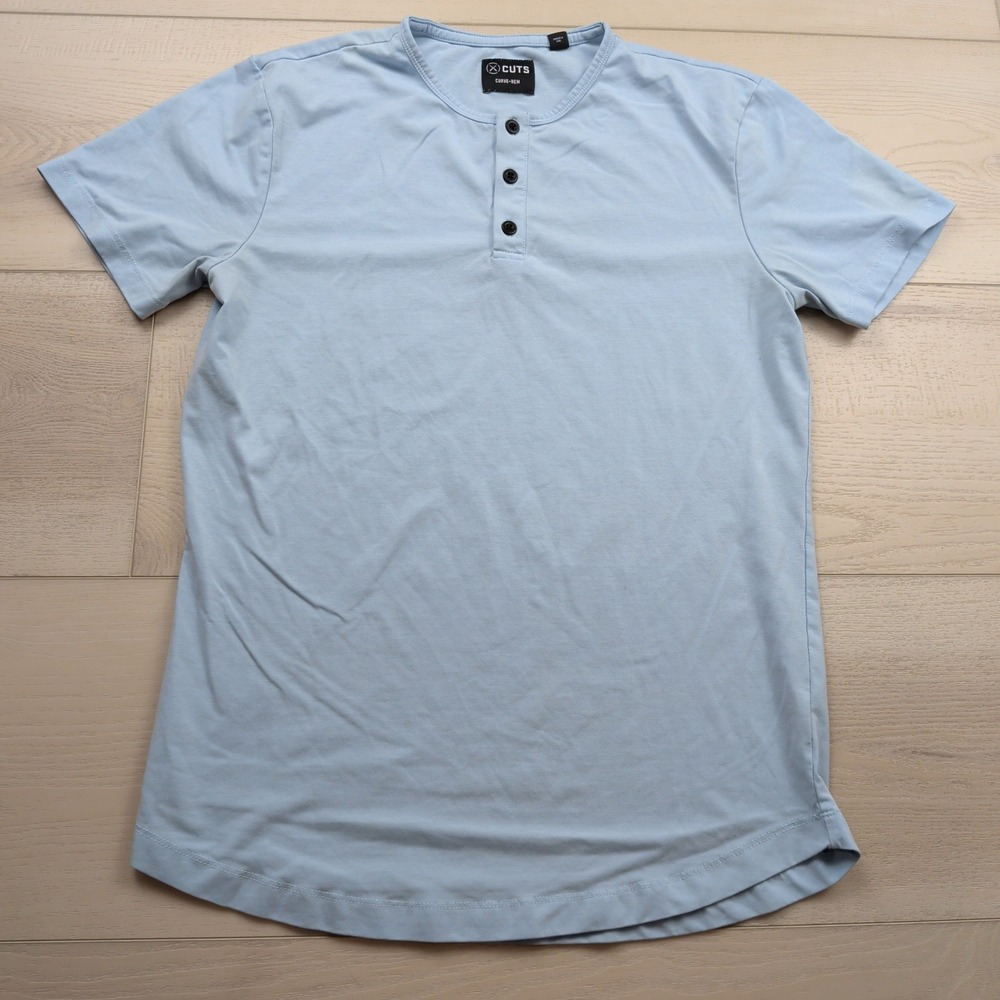 Cuts Curve-Hem Henley Shirt Light Blue PYCA Pro Short Sleeve MT10007 Mens Small